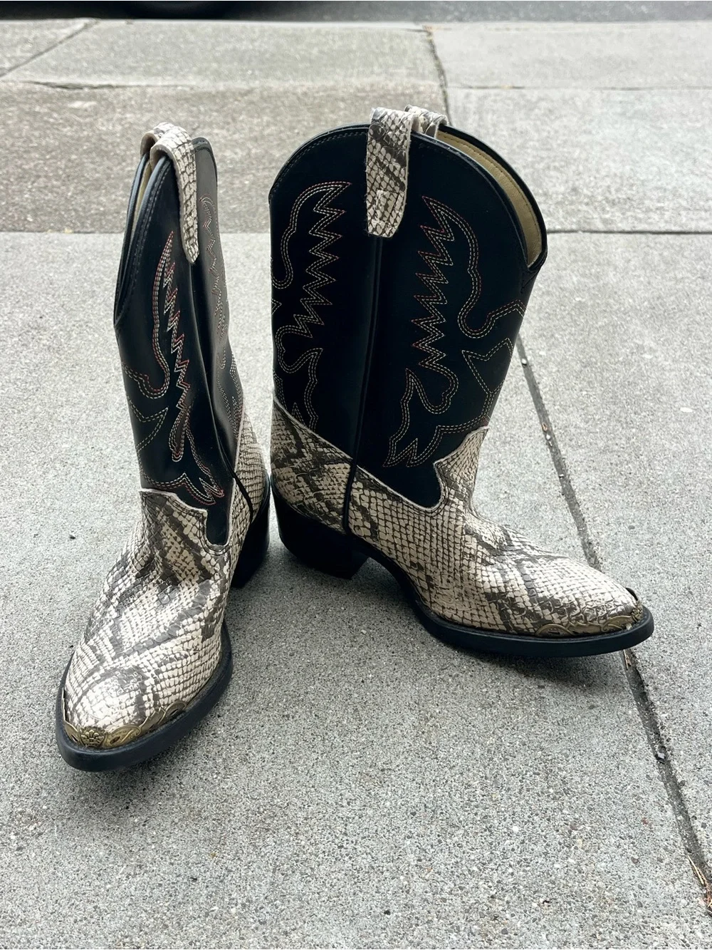 Kids Snake-Print Western Boots in Black and Cream